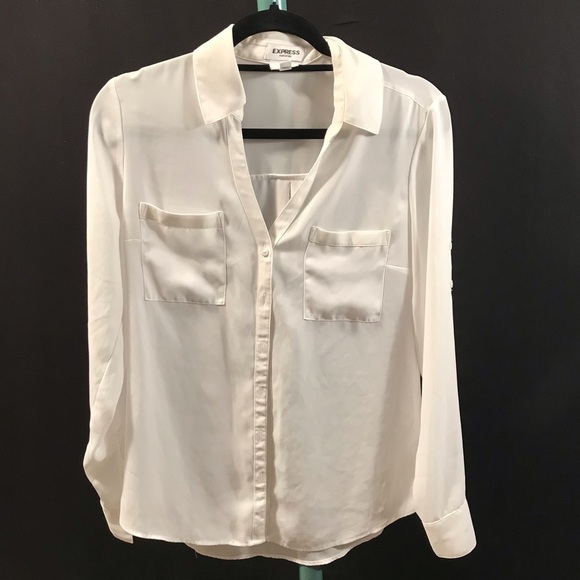 🆕🤍EXPRESS SHEER LOW CUT BUTTON UP SHIRT SLIM FIT SIZE MED DRESS UP OR DOWN!🤍 - Picture 1 of 10